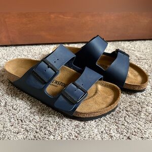 Birkenstock Arizona Navy Sandals with Tan Footbed